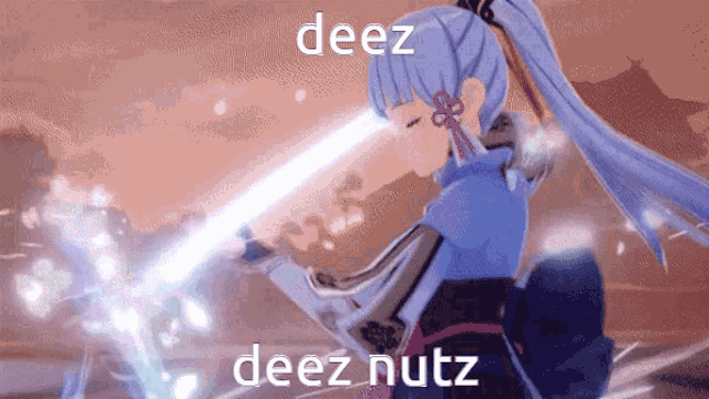 a girl with a ponytail is holding a sword and the words deez deez nuts are above her