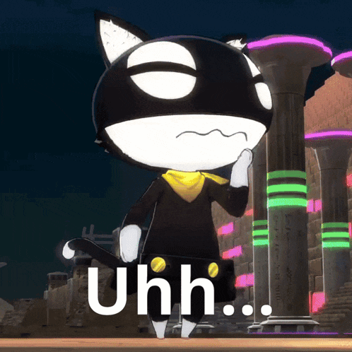 a black and white cat with a yellow scarf around its neck says uhh