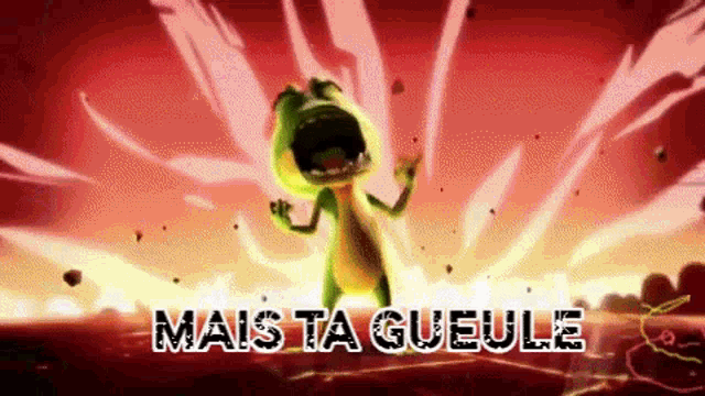 a cartoon frog is standing in front of a red background with the words `` mais ta gueule '' .