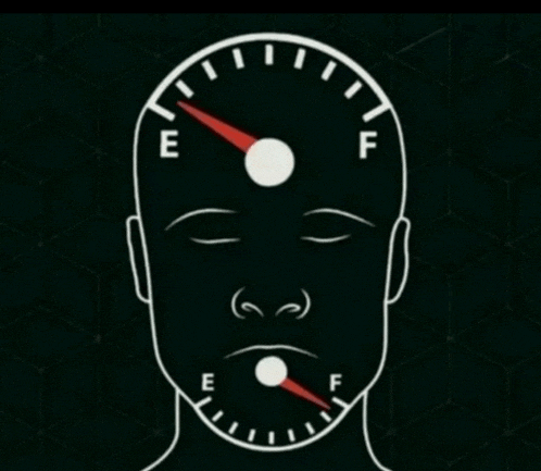 a drawing of a man 's head with a speedometer that says e on it