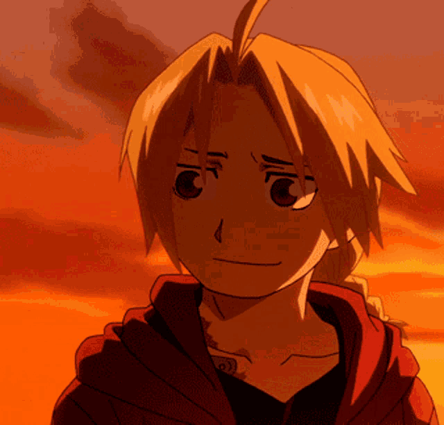a close up of a cartoon character 's face with a red sky in the background