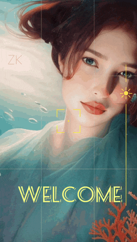 a painting of a woman in the water with the word welcome below her