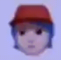 a pixelated image of a person 's face with a red hat on .