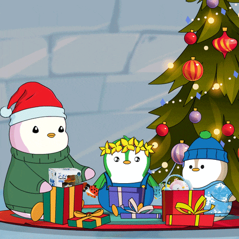 three penguins are sitting in front of a christmas tree holding gifts