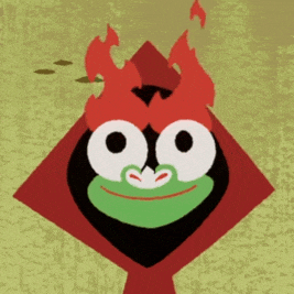 a cartoon character with a frog face and flames coming out of its head
