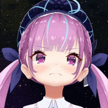 a close up of a girl with purple hair and a blue headband