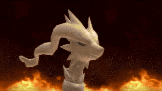 a cartoon drawing of a white dragon standing in front of a fire