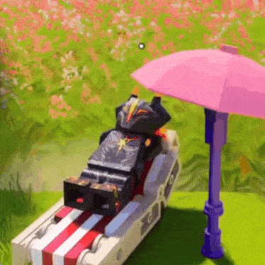 a lego figure is sitting on a beach chair with an umbrella .