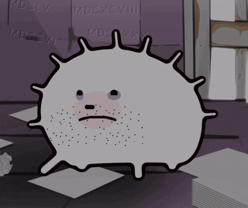 a cartoon character with a sad face is standing in front of a wall that says mdclv and mdcxcviii