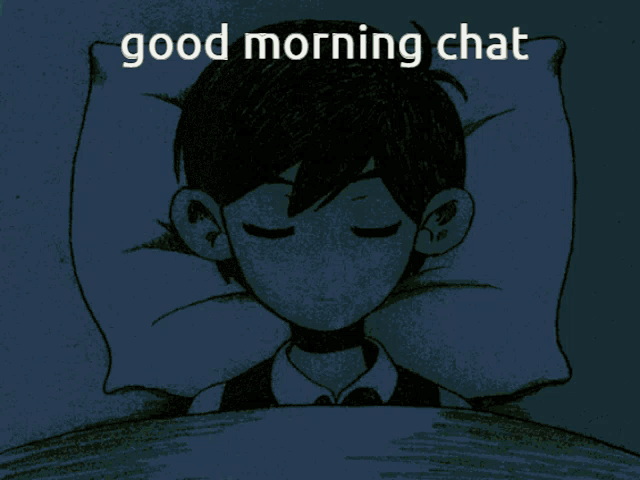 a drawing of a boy laying in bed with the words good morning chat below him