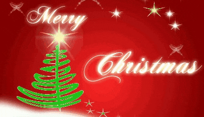 a merry christmas greeting card with a green christmas tree on a red background
