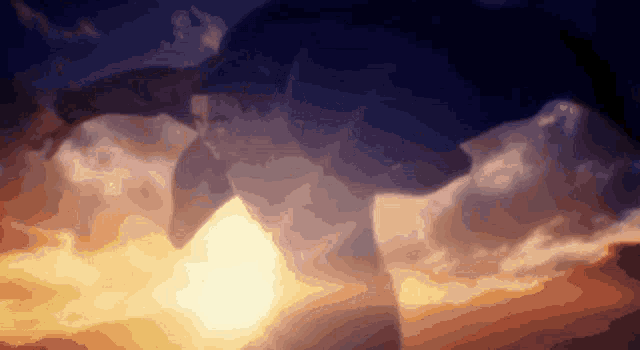 a pixelated image of a sunset with a dolphin in the foreground