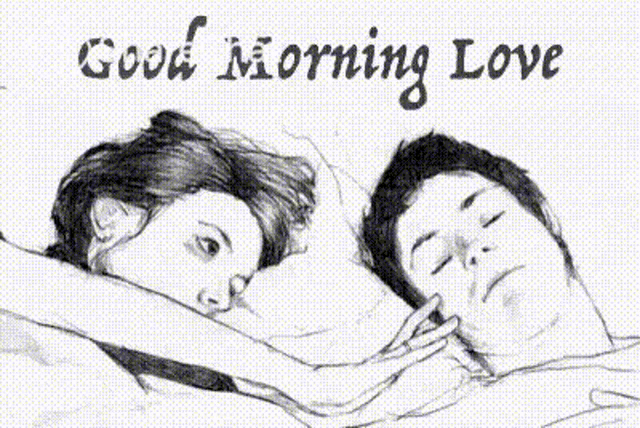a black and white drawing of a man and a woman laying in bed with the words good morning love below them