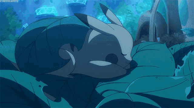 a cartoon drawing of a rabbit sleeping on a leaf with a caption that says " costolante "