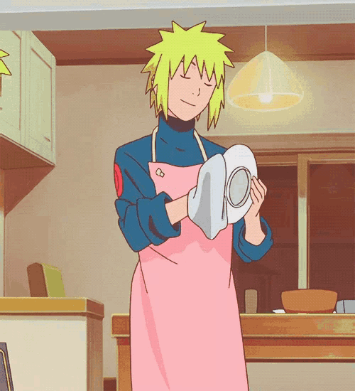 a cartoon character is wearing a pink apron and holding a plate with the number 10 on it