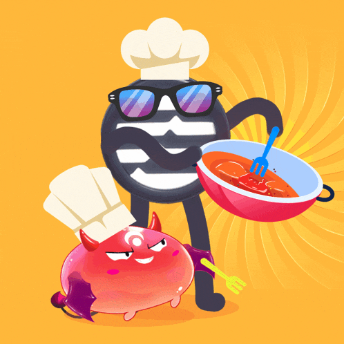 a cartoon character with a chef 's hat and sunglasses holding a pot of food