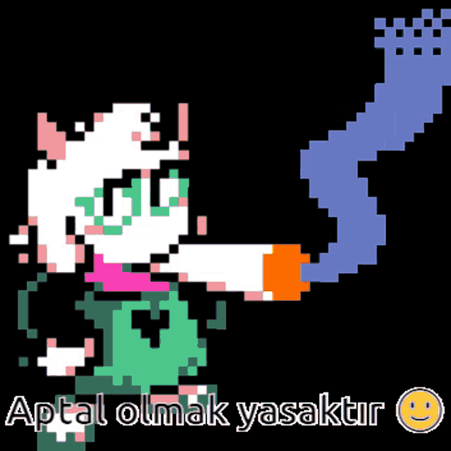 a pixel art of a cat holding a cigarette with the words aptal olmak yasakir below it