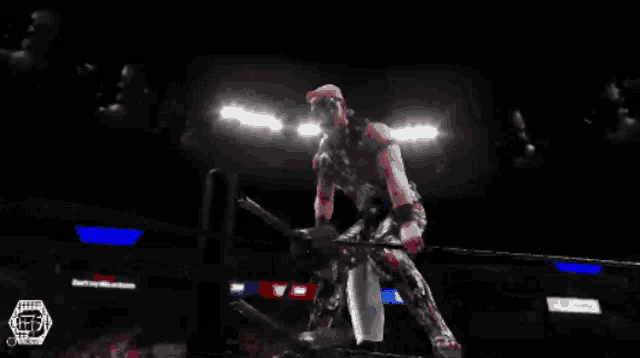 a wrestler is standing in a ring with his fist up
