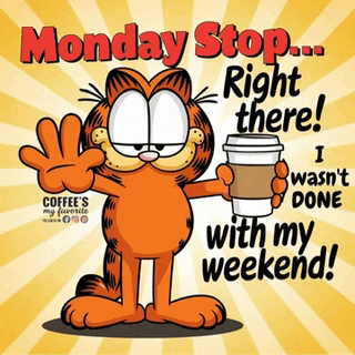 garfield is holding a cup of coffee and saying monday stop right there