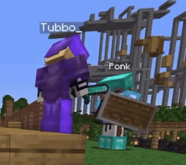 two minecraft characters are standing next to each other in a game .
