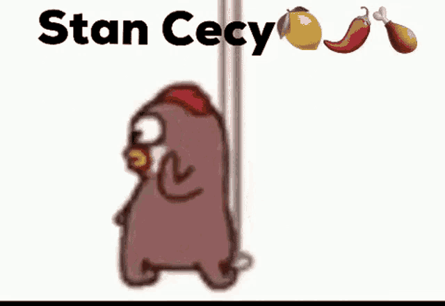 a cartoon chicken is dancing on a pole with the name stan cecy written above it