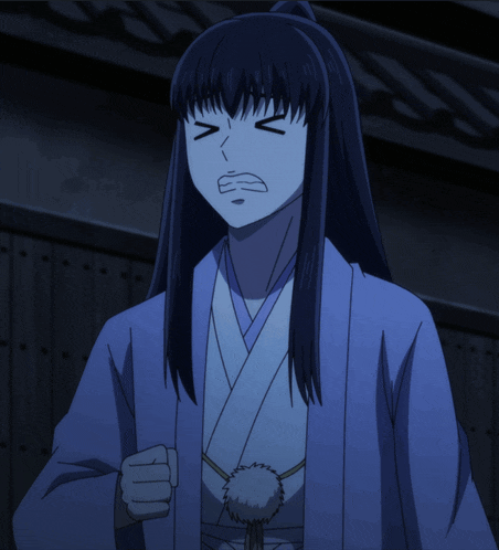 a man with long black hair is wearing a blue kimono and has his eyes closed
