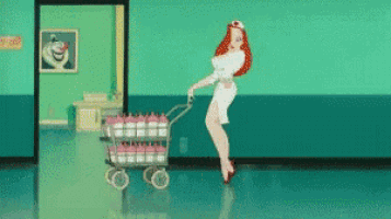 a cartoon nurse pushes a cart full of bottles