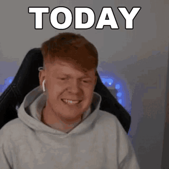 a man wearing a hoodie and ear buds is smiling with the words today above him