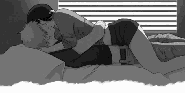 a black and white drawing of a man and a woman kissing