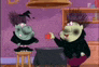 a cartoon of a witch and a vampire standing next to a cauldron .