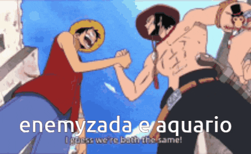 a cartoon of luffy and ace shaking hands with the words enemyzada e aquario above them