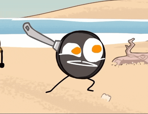 a cartoon drawing of a frying pan with eggs in it