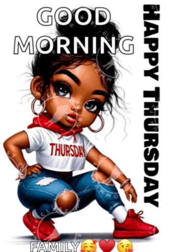 a picture of a girl with the words good morning happy thursday family on it