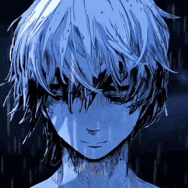 a close up of a person 's face with a blue hair