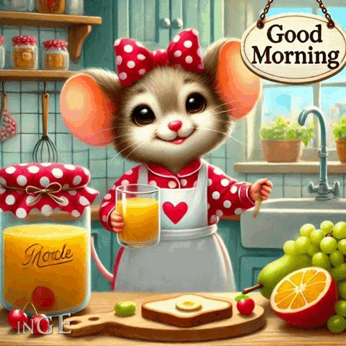 a mouse holding a glass of orange juice in front of a sign that says " good morning "