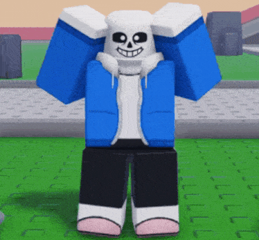 a blue and white cartoon character with a skull face