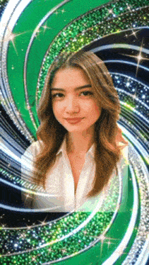 a woman in a white shirt is surrounded by green swirls and sparkles