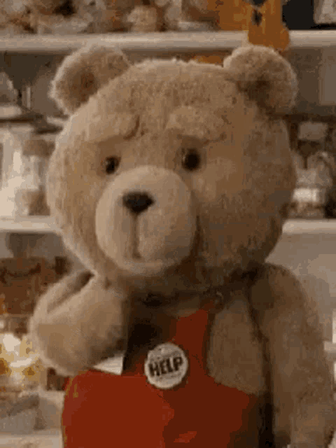 a teddy bear wearing a red apron and a help badge is standing in front of a shelf .