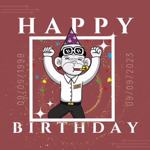 a birthday card with a monkey wearing a party hat and glasses