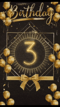 a black and gold birthday card with balloons and the number 3