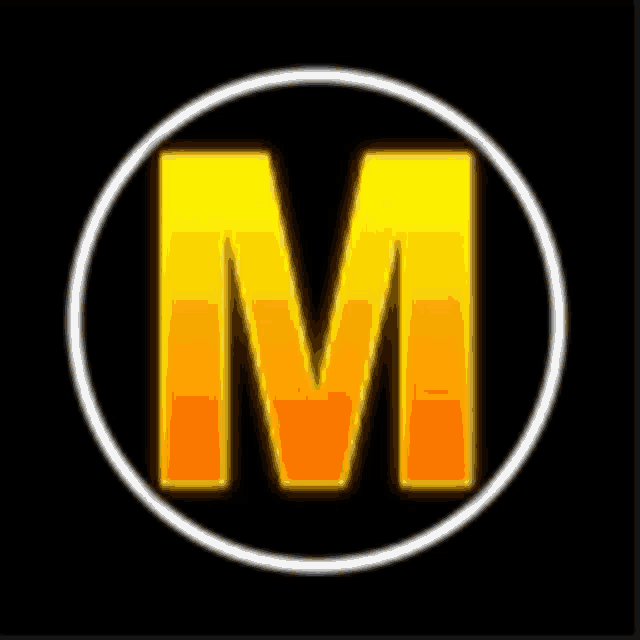 the letter m is in a circle with a black background .