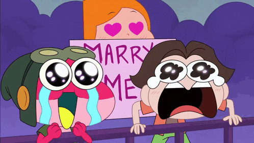 two cartoon characters are crying while holding a sign that says marry me