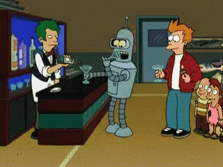 bender from futurama is standing at a bar