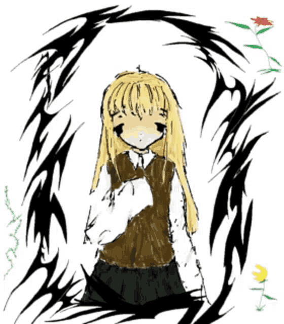 a drawing of a girl with blonde hair and a bow tie