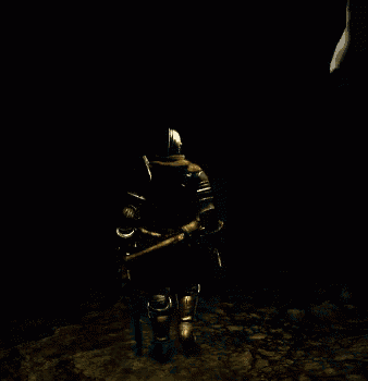 a knight with a sword stands in front of a giant skeleton