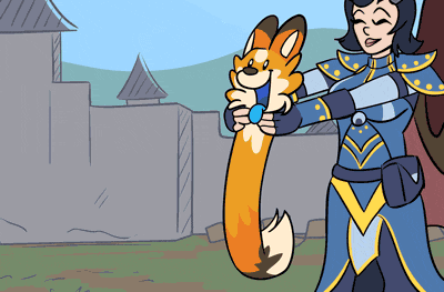 a cartoon of a woman holding a fox with a castle in the background