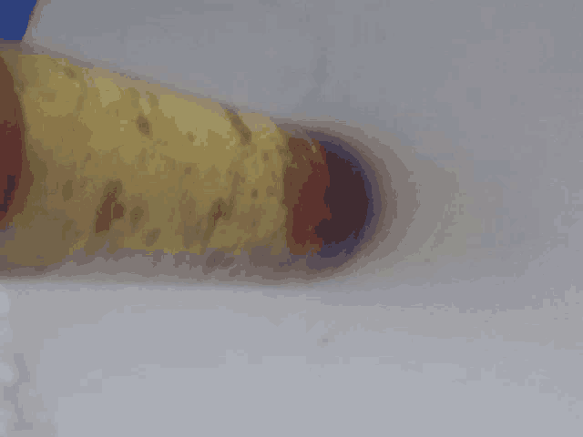 a close up of a yellow object with red spots