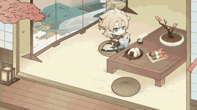a cartoon of a person sitting at a table with food