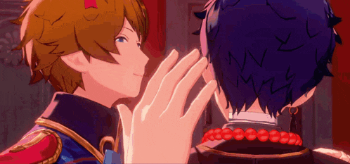 a couple of anime characters are touching each other 's faces .
