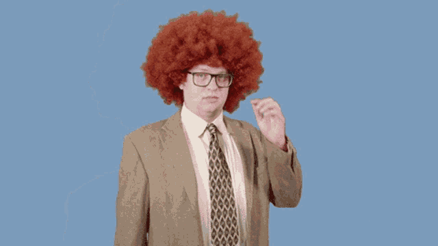 a man wearing a red afro wig and glasses